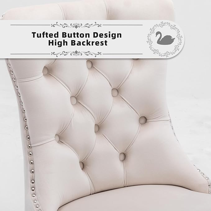 Velvet Upholstered Dining Chairs Set of 2, Modern Style Kitchen Side Chairs with Nailhead Trim and Wood Legs,Metal Pulling Ring for Dining Room Living Room(Beige,Set of 2)