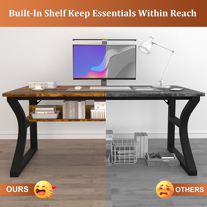 StarGraph Computer Desk 47'' Large Home Office Desk with Sturdy Metal Frame U Shaped Modern Computer Desks with Storage Study Writing Office Work from Home Desks (Rustic Brown, 47 inch)