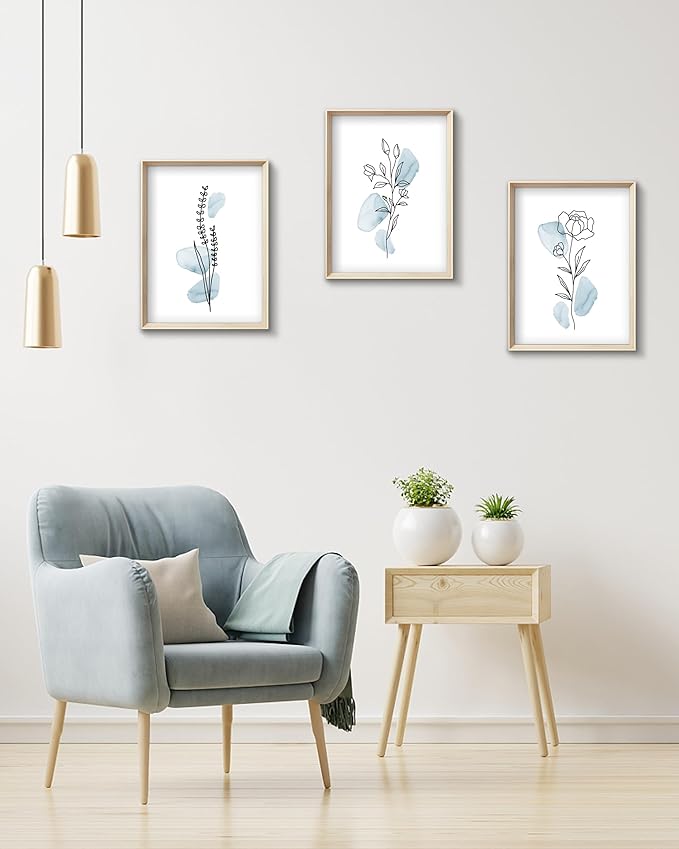 HesenDot Framed Blue Floral Canvas Wall Art,Minimalist Botanical Wall Art Decor,12x16IN Wood High Framed Prints,Boho Flowers Artworks Prints Posters for Living Room,Kitchen,Bedroom Set of 3