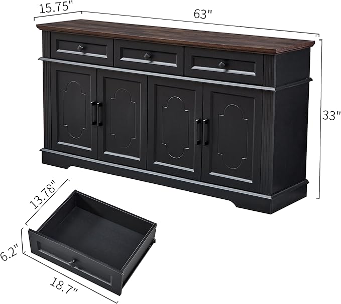 63" Black Buffet Sideboard Cabinet with 4 Doors and 3 Drawers, Modern Farmhouse Kitchen Storage Cabinet, Coffee Bar Cabinet with Adjustable Shelves, Kitchen Living Room Storage, Dining Room
