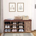 MFSTUDIO Shoe Storage Bench, Shoe Rack Bench with Barn Door Cabinet, 9 Open Compartments, Seating Cushion, Freestanding Shoe Rack Organizer for Entryway Hallway Bedroom, Rustic Brown, Large Size