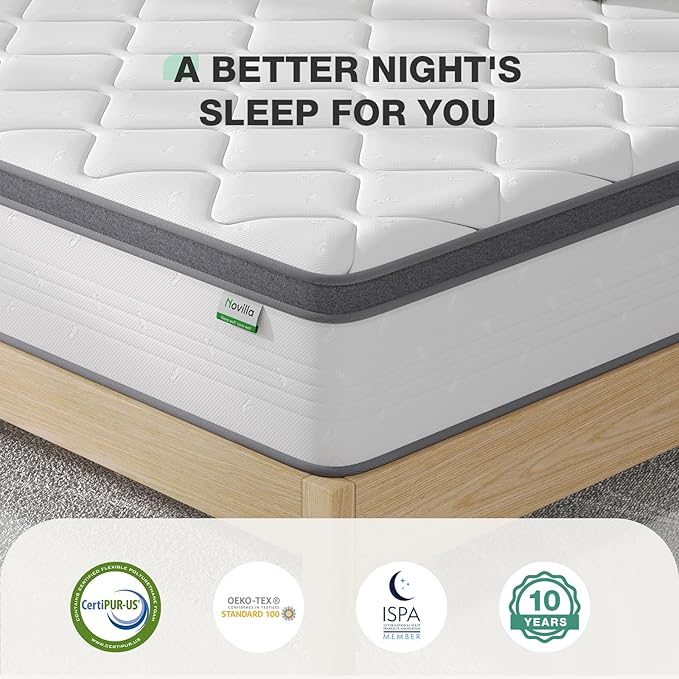 Novilla Full Mattress 10 Inch, Hybrid Full Mattress in a Box, Pocket Innerspring Pillow Top Mattresses for Motion Isolation, Mattresses Full Size Bed for Pressure & Pain Relief, Medium Firm Feel