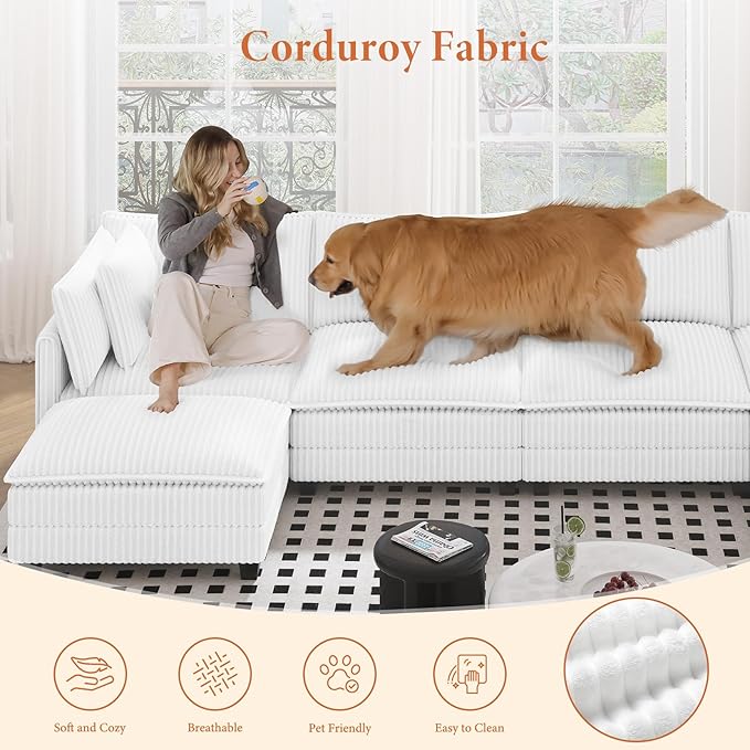Vesgantti 109" U Shaped Cloud Sectional Sofa, Comfy Corduroy Upholstered Sectional Modular Sofas for Living Room, Modern Modular Couch with 2 Ottoman Deep Seat, Warm White
