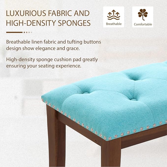 MFSTUDIO 44" Vintage Tufted Entryway Bench, Extra Large Memory Foam Upholstered Wood Ottoman Bench Dining Bench, Rectangle Tufted Fabric Bench for Living Room Hallway, Light Blue Cushion
