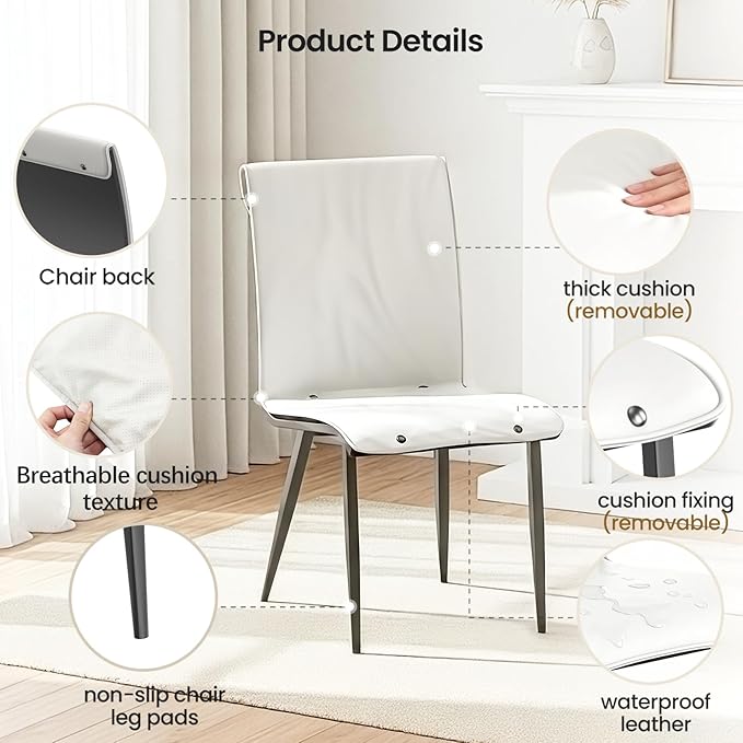Dining Chair Set Of 2 White Kitchen Dining Room Chairs Comfortable Upholstered Faux Leather Chair Set Sturdy Metal Legs Comfy Back Armless Cushion Seat Non-slip Foot Pads For Restaurant Living Room