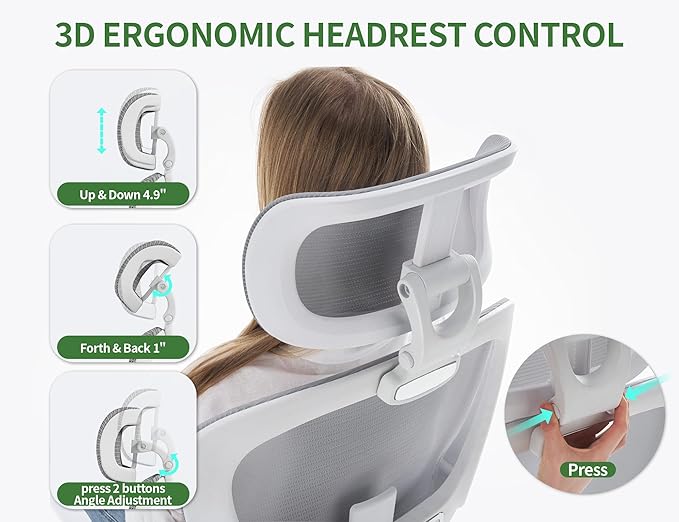Ergonomic Office Chair - Computer Desk Chairs Comfy, Mesh High-Back Gaming Chair with Adjustable Lumbar Support, Executive Task Chair for Adults, Comfortable for Long Hours (White Grey)