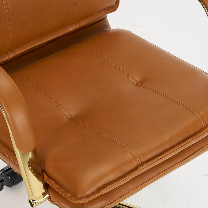 MOJAY Mid-Back Ergonomic Leather Office Chair, Modern Upholstered Executive Desk Chair with Gold Frame Armrest Computer Task Chair (Camel)