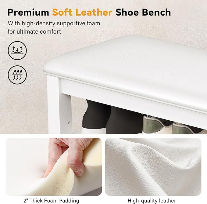 Shoe Rack Bench Entryway Storage with Leather Cushion, Shoe Organizer Bench for Entryway, Ideal for Front Doors Entrances Hallway Mudroom Featuring Rubberwood And 3 Height-Adjustable Removable Shelve