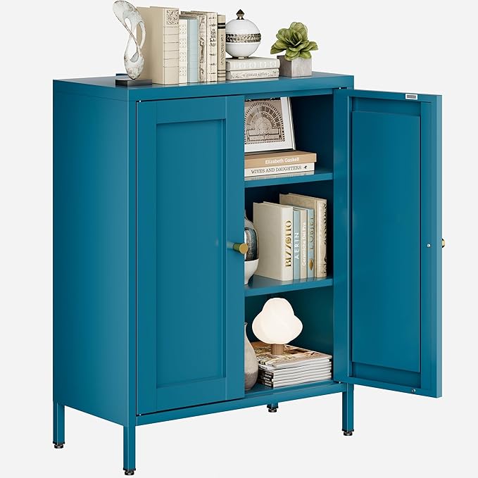 31.5" H Navy Blue Bathroom Cabinet,Blue Storage Cabinet,Metal Bathroom Floor Cabinet with 2 Adjustable Shelves&2 Doors
