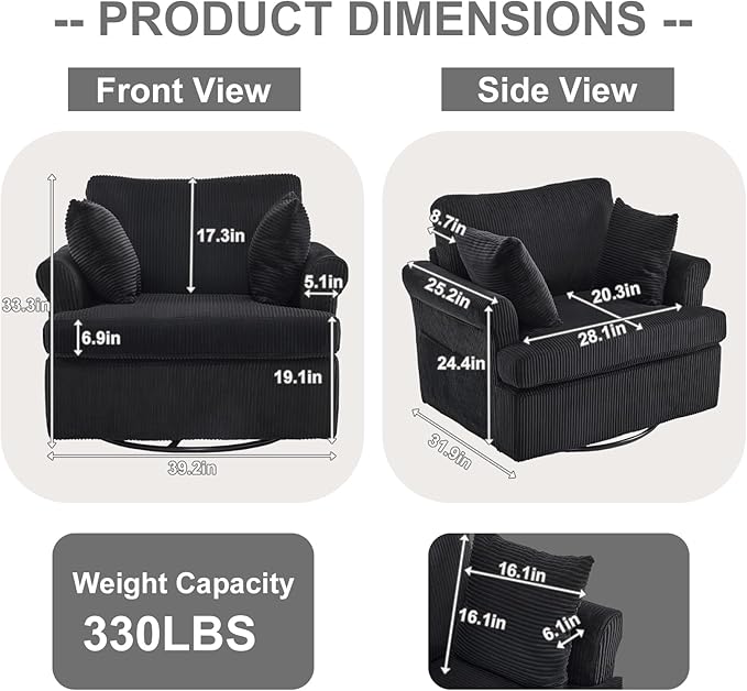 Karl home Swivel Accent Chair Set of 2, 39" Oversized Armchair W/2 Pillows and 4 Pockets,Modern Corduroy Barrel Chairs,Comfy Single Sofa for Living Room,Reading,Bedroom and Office-Black
