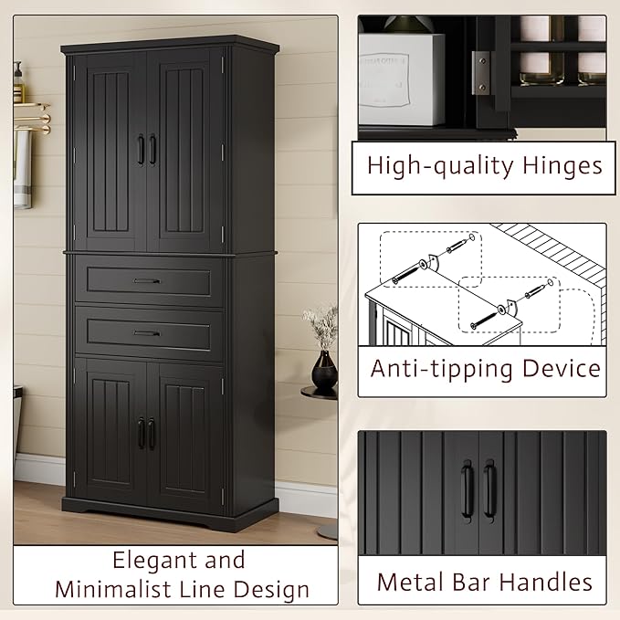 Tall Storage Cabinet, Bathroom Floor Freestanding Storage Cabinet with 2 Doors, Adjustable Shelf, and 2 Drawers for Bathroom, Office, Living Room, MDF Board, Black