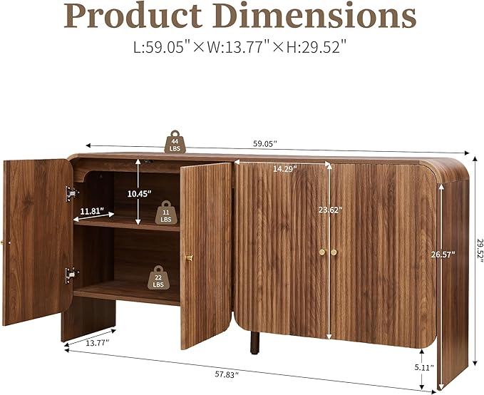 Fluted Sideboard Buffet Cabinet with Storage, 59'' Curved Buffet Cabinet with 4 Doors & Shleves, Modern Credenza Wood Coffee Bar Table Console for Dining Room Kitchen Living Room Entryway, Walnut