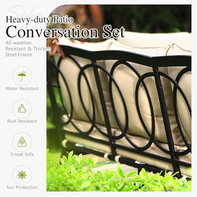 Sophia & William Patio Furniture Set, Outdoor Metal Conversation Set 9 Seats with 3-Seater Sofa, 2 Fix Chairs, 1 Loveseat, 2 Ottoman, 1 Coffee Table for Seating, Lawn Porch Backyard,Beige