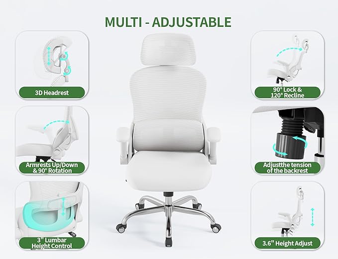 White Ergonomic Office Chair: Mesh Desk Chair Comfy with Adjustable Lumbar Support 400lbs High Back Computer Gaming Chair - Big and Tall Office Chairs with Extra Wide Seat-Adults Home Office