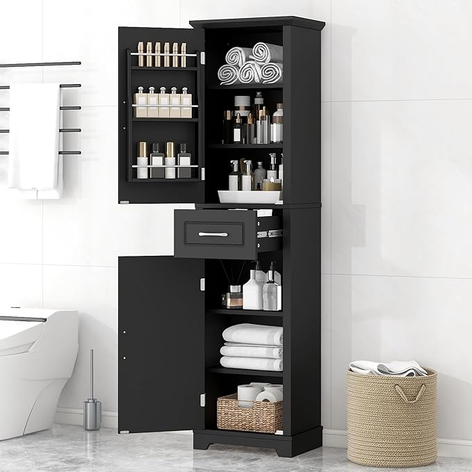 Bathroom Tall Storage Cabinet, Floor Freestanding Storage Cabinet with 2 Doors, One Drawer, Door Shelve Design, and Adjustable Shelf for Bathroom, Office, Multi-Use Organizer, Black