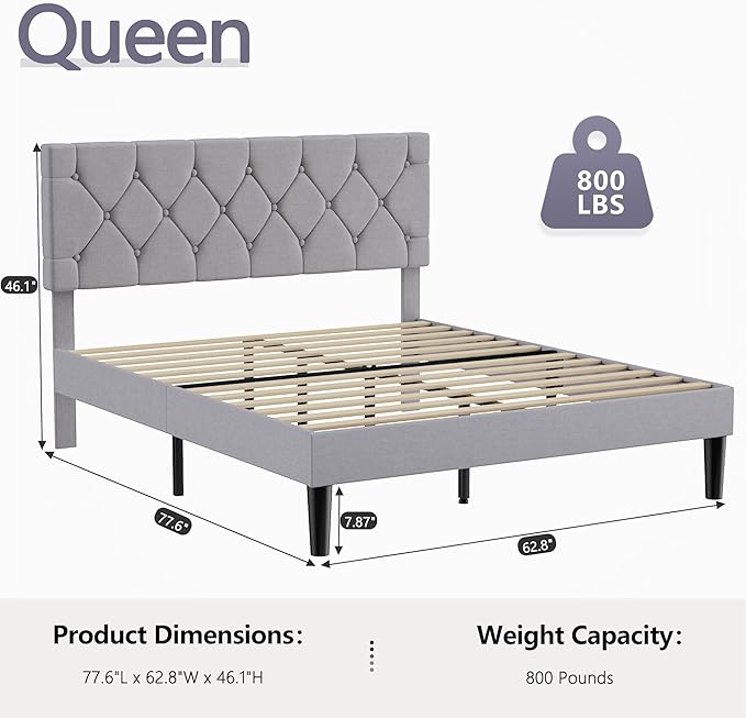 VECELO Queen Size Bed Frame with Button Tufted Headboard, Upholstered Platform Bedframe with Wood Slat Support, No Box Spring Needed, Linen Grey