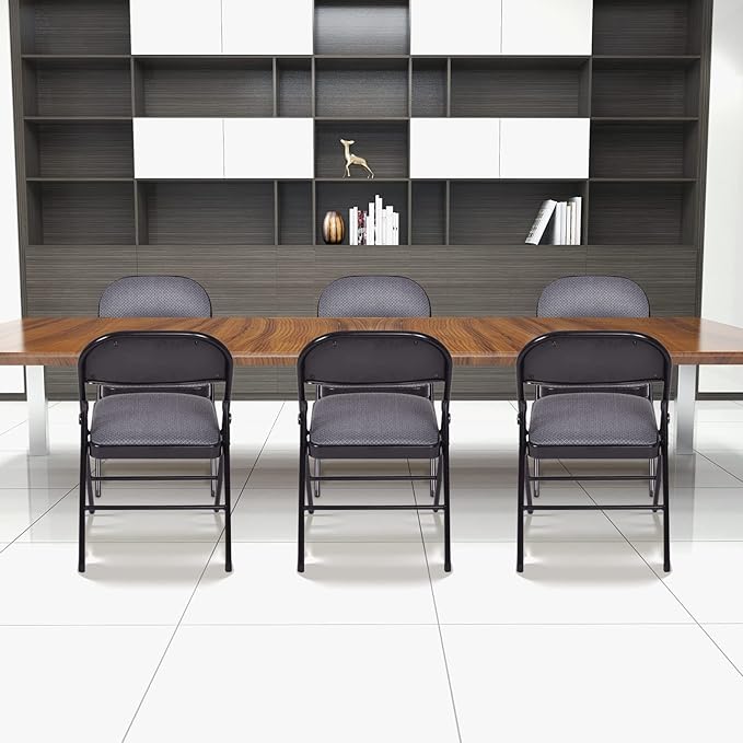 GOFLAME 6 Pack Folding Chairs, Fabric Dining Chair Set with Padded Seat & Metal Frame, Indoor Outdoor Upholstered Commercial Seat for Home Office Events Wedding Party, Grey & Black