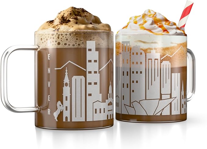 Greenline Goods – Denver, CO Skyline Glass Coffee Mugs (Set of 2), 15 oz – Etched Wrap Design