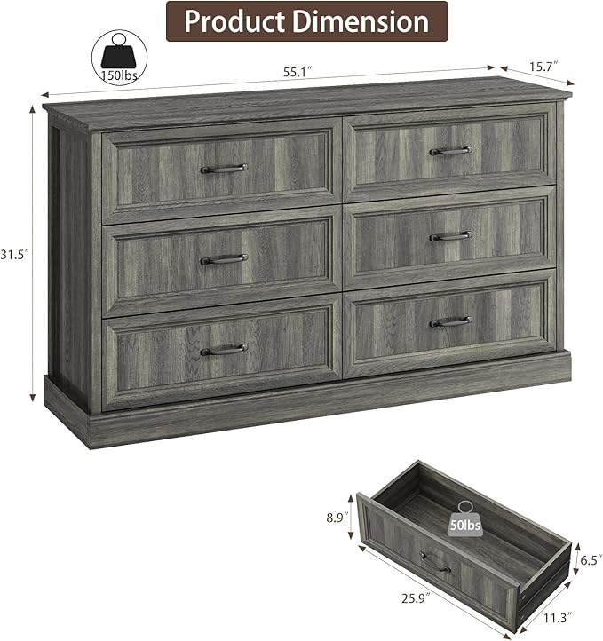 Farmhouse 6 Drawer Dresser for Bedroom, 55 Inch Wide Modern Grey Dresser TV Stand with Large Drawers & Bar Handles, Rustic Wood Chest of Drawers for Bedroom, Living Room