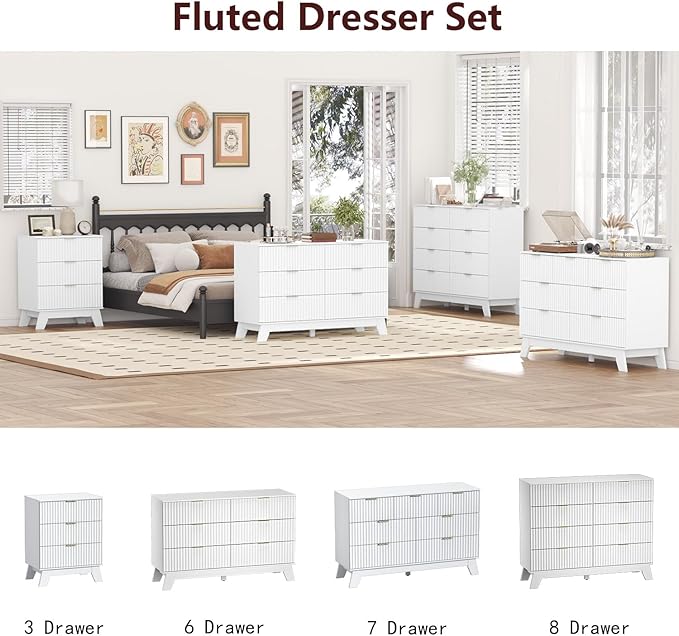 Fluted Dresser for Bedroom,8 Drawer Dresser for Closet,Storage Cabinet and Chest of Drawers with Gold Handle,TV Stand,Storage Organizer for Living Room,Hallway,Entryway,White
