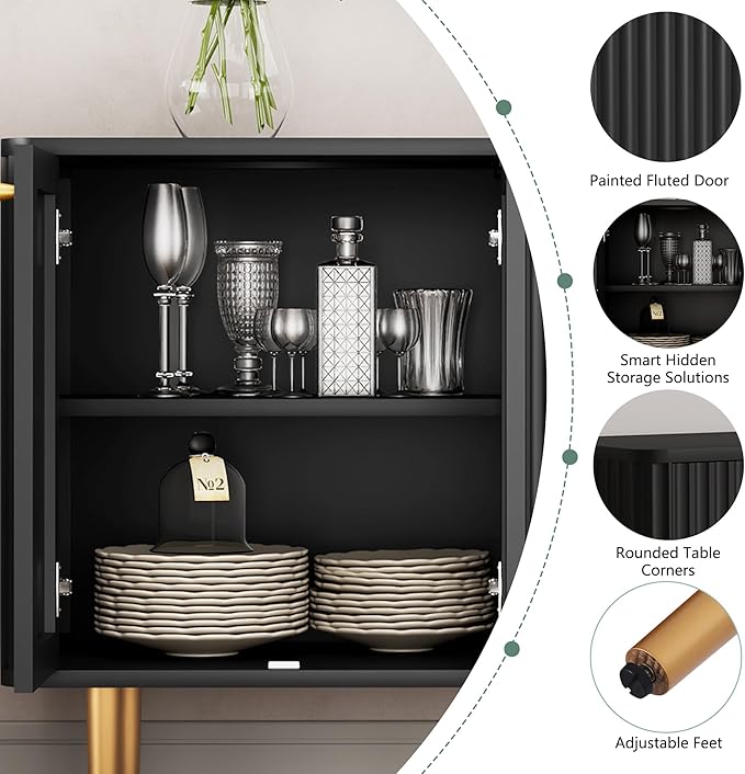 HLR Sideboard Buffet Cabinet, 48" Modern Accent Cabinet with 4 Door and Removable Shelves, Credenza with Storage for Living Room, Dinning Room, Entryway, Black