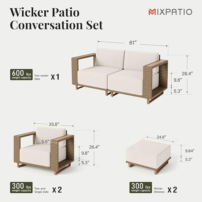 Outdoor Patio Furniture Set, 6 Piece Outdoor Rattan Wicker Couch, Conversation Sets with 2 Single Sofas, 2 Armchairs and 2 Ottomans for Deck Backyard Lawn