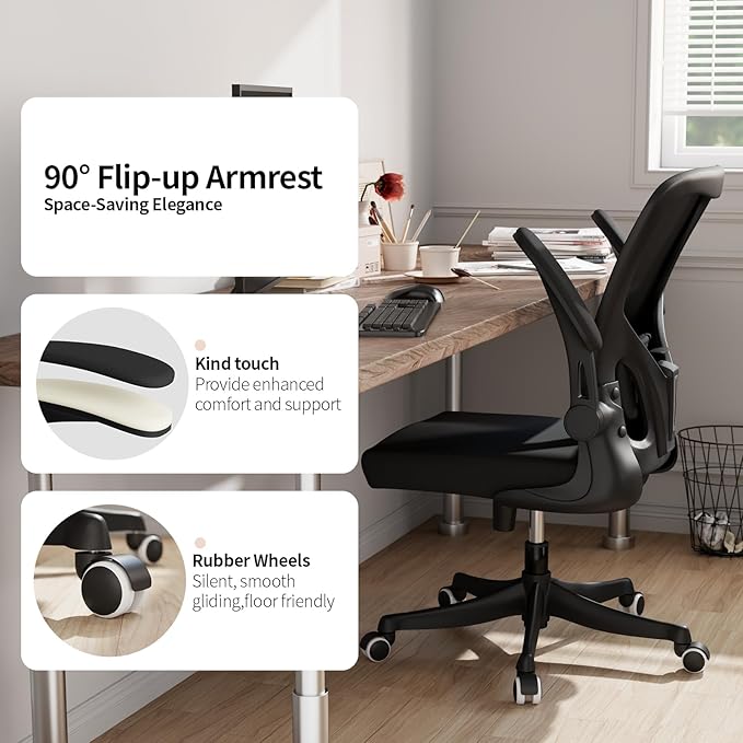 Monhey Ergonomic Office Chair with Lumbar Support, Adjustable Height, 2D Flip-up Arms, Breathable Black Mesh, Comfortable Desk Chair Chair for Home, Office, Study & Gaming