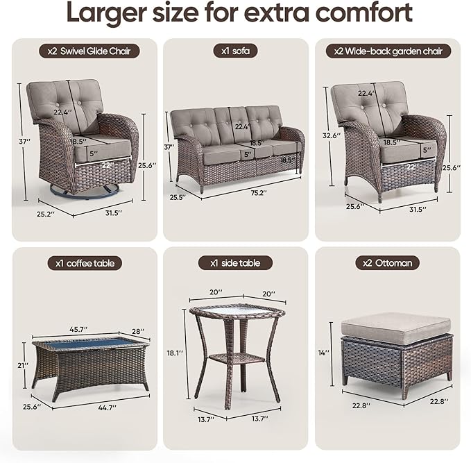 9-Piece Rotating Balcony Chair Set with 31-inch T-Shaped Wide backrest - Rattan Outdoor Rotating Balcony Chairs, Wide backrest Comfortable Outdoor Sliding Chair - Brown | Grey