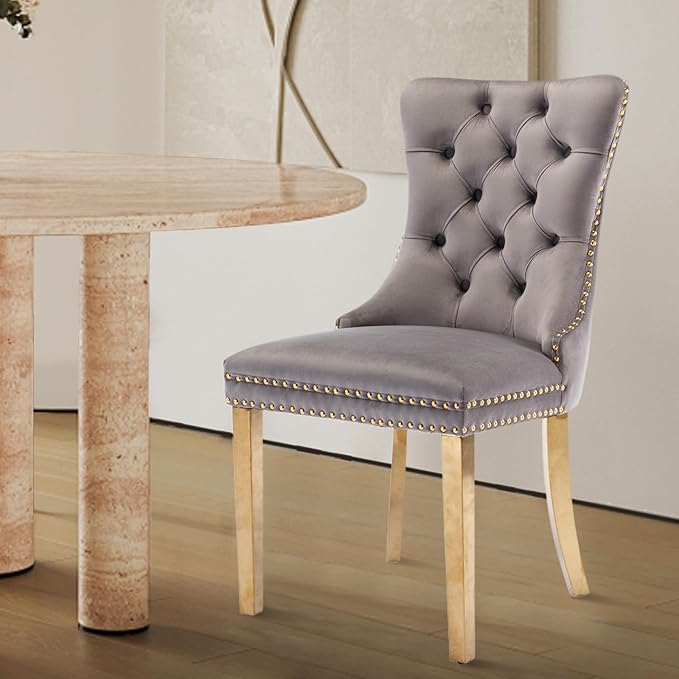 Velvet Upholstered Dining Chairs Set of 2, Modern Style Kitchen Side Chairs with Nailhead Trim and Gold Plated Leg, Metal Pulling Ring for Dining Room Living Room(Gery-Gold Plated Leg)