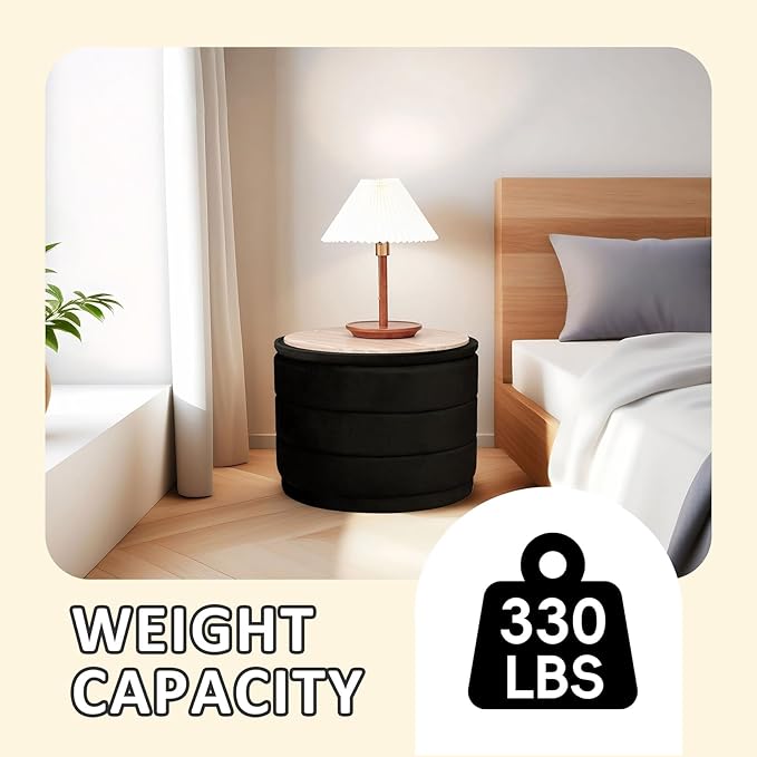 PINPLUS Large Round Velvet Storage Ottoman, Black Upholstered Footstool with Hidden Storage, Sturdy Coffee Table Ottoman for Living Room & Bedroom