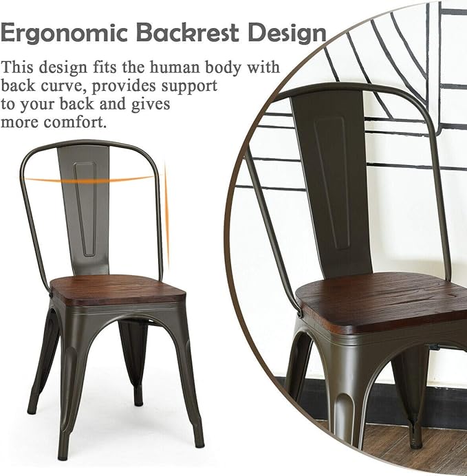 COSTWAY 18 Inch Dining Chair Set of 4, Industrial Vintage Stackable Metal Chairs, Counter Bar Chairs with High Backrest, Wood Seat, for Home, Kitchen and Cafe Bar Use