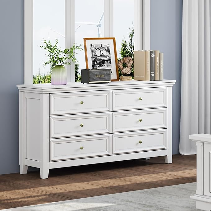 BLANKSPACE White 6 Drawer Dresser, Modern Dresser for Bedroom, Wood Drawer Organizer with Metal Knobs, Large Capacity Cabinet for Bedroom, Hallway