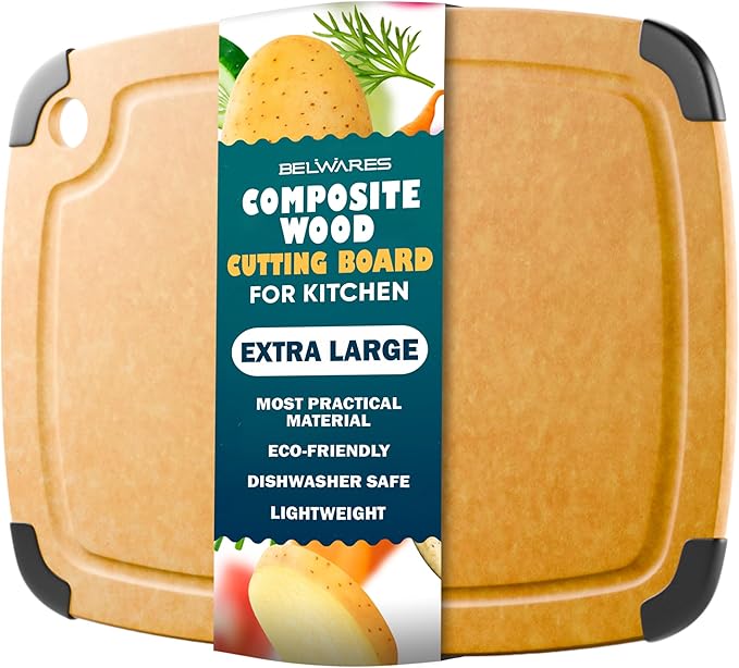 Dishwasher Safe Cutting Boards for Kitchen - Extra Large Composite Wood Cutting Board with Non-Slip Feet & Juice Groove - Thin & Lightweight Eco-Friendly Chopping Board (18" × 12", Natural)