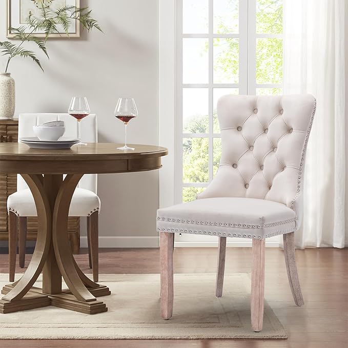 Velvet Upholstered Dining Chairs Set of 6, Modern Style Kitchen Side Chairs with Nailhead Trim and Wood Legs,Metal Pulling Ring for Dining Room Living Room(Beige,Set of 6)
