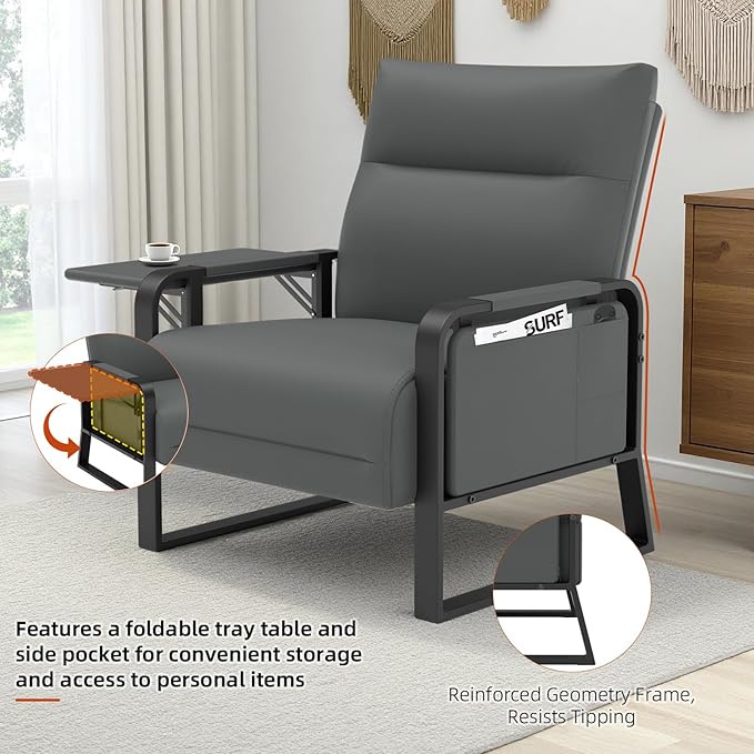 Upholstered Accent Chairs Set of 2, Modern Faux Leather Sofa Chairs with Foldable Side Tray Table & Storage Pocket, Small Accent Sofas for Living Room, Bedroom, Gray