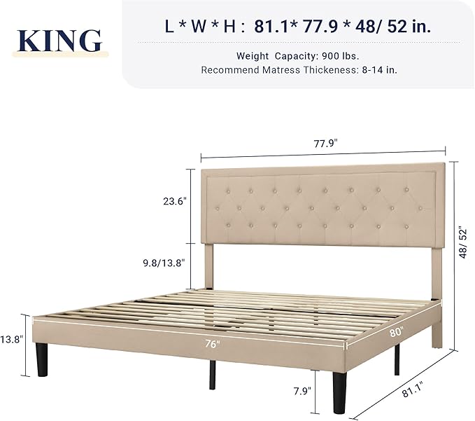 Allewie King Size Fabric Upholstered Bed Frame with Diamond Button Tufted/Adjustable Headboard/Wood Slat Support/Mattress Foundation/Beige