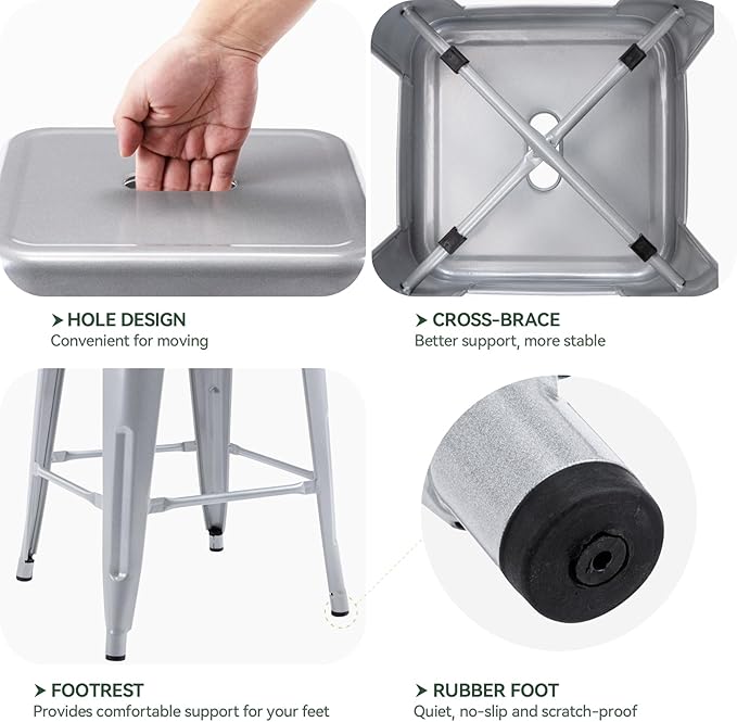 Vogue Furniture Direct 24" High Bar Stools Backless Silver Metal Barstools Indoor-Outdoor Counter Height Stools with Square Seat, Set of 4