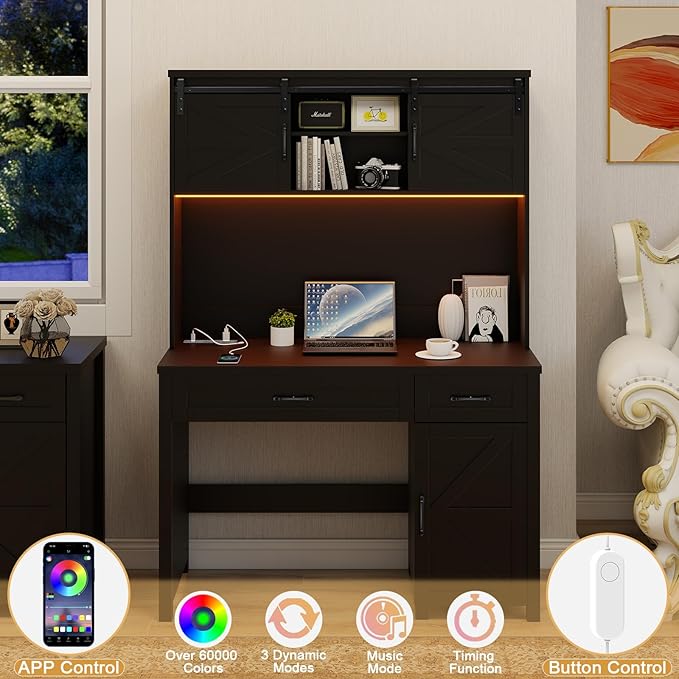 Vabches Farmhouse 47" Executive Desk, Computer Desk with 2 Drawers, Storage Cabinet and LED Light,Charging Hub, Home Office Desk with Hutch, Workstation for Home Office and Study(Pure Black