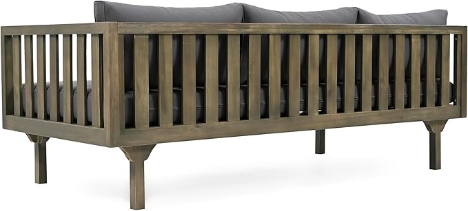 Christopher Knight Home Claremont Outdoor 3 Seater Acacia Wood Daybed with Fabric Water Resistant and Removable Cushions, Patio Garden Sofa with Slat Paneling Armrest and Back, Grey and Dark Grey