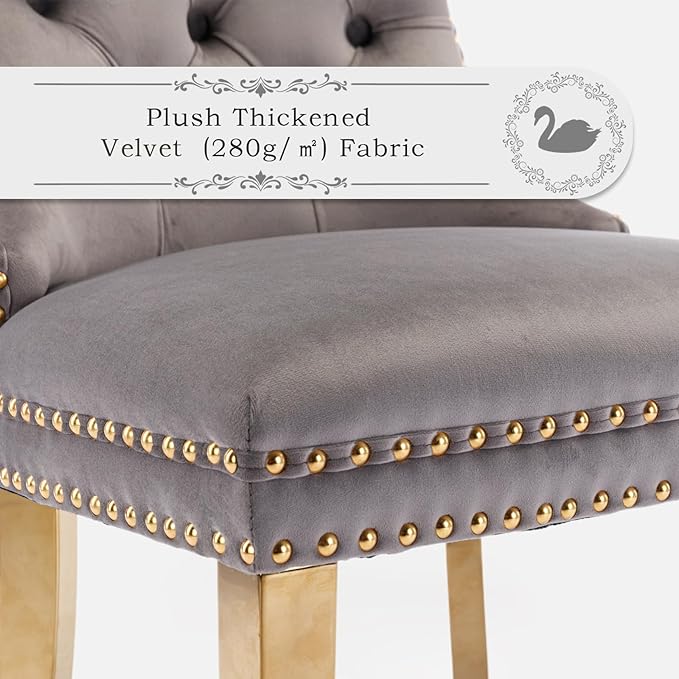 Velvet Upholstered Dining Chairs Set of 2, Modern Style Kitchen Side Chairs with Nailhead Trim and Gold Plated Leg, Metal Pulling Ring for Dining Room Living Room(Gery-Gold Plated Leg)
