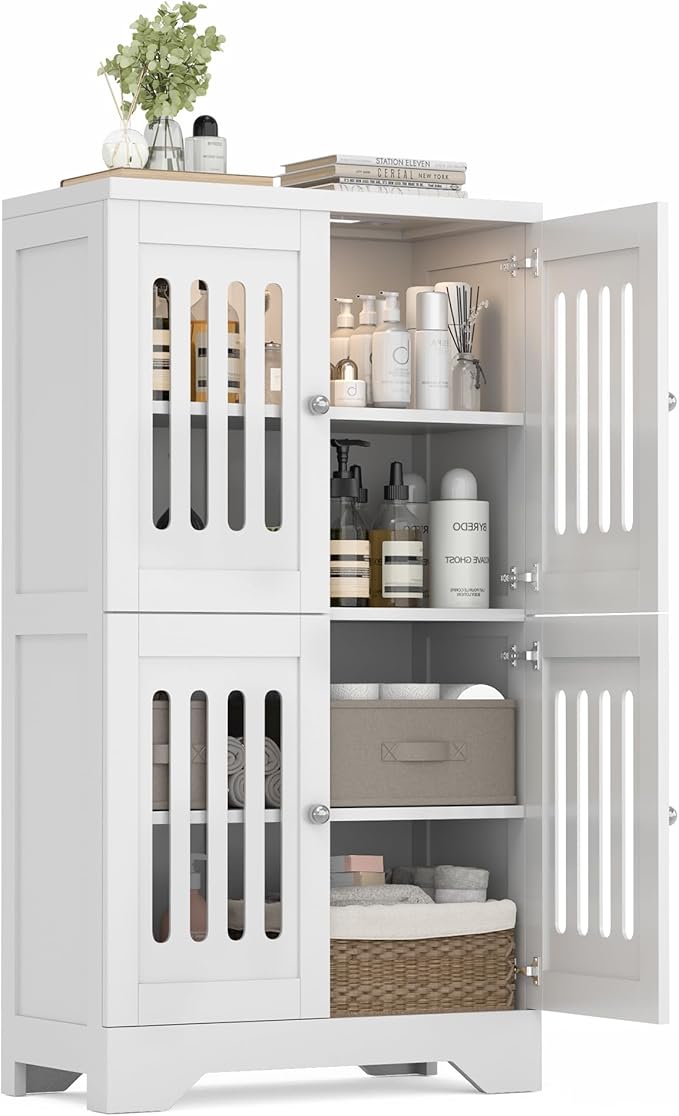 PARTPHONER Bathroom Floor Storage Cabinet with Cabinet Lights, Modern Storage Cabinet with 4 Doors and Adjustable Shelves, Buffer Hinges, White Pantry Cabinet for Living Room & Kitchen