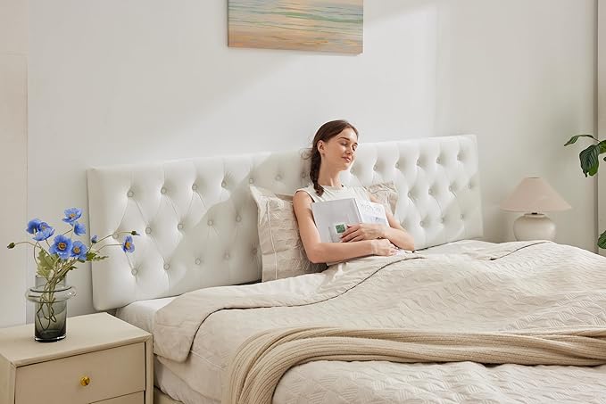 Kingfun Tufted Upholstered King Size Bed Headboard in Modern Button Design, Adjustable Solid Wood Head Board, Premium Velvet Fabric Padded Headboards in Bedroom (White)