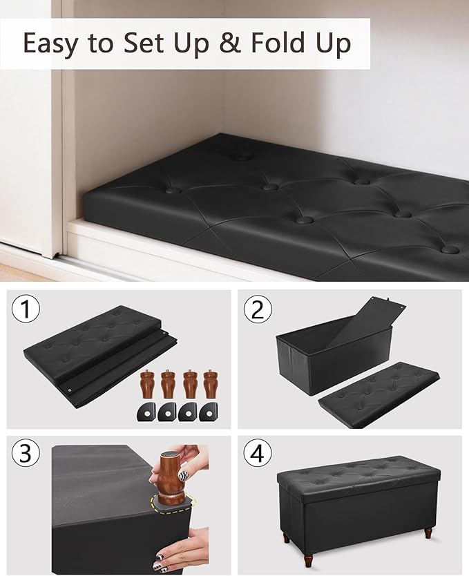 GLAXYFUR 30 Inches Storage Ottoman Bench with Wooden Legs, Faux Leather Folding Ottoman Foot Rest, Storage Bench for Living Room, Hallway & Bedroom, Black