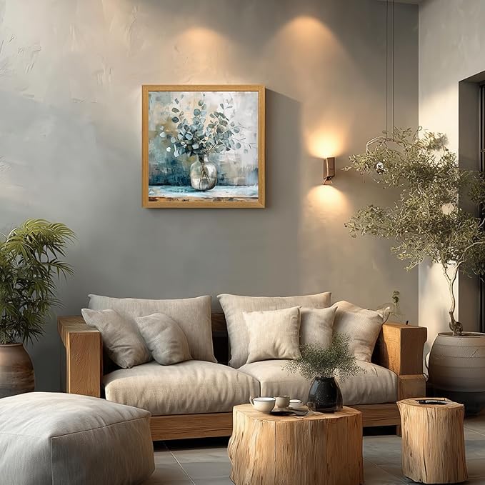 HLXRAE Eucalyptus Leaf Wall Art, Sage Green Botanical Canvas Print, Rustic Farmhouse Bathroom Wall Decor, Soft Blue Floral Aesthetic Picture for Bedroom living Room Wood Framed 12x12 inch