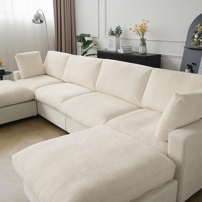 WJShome Cloud Couch Modular Sectional Sofa,100.5" V Shaped Couch, Convertible Wide Seater with Ottoman, 6 Seater for Living Room Set,Covers Washable&Replaceable,Beige