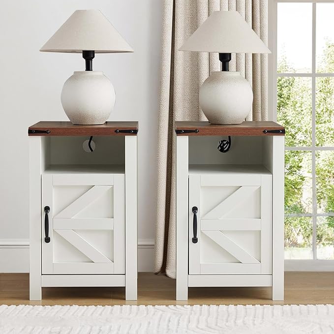 Farmhouse Coffee Table Set of 3, Lift Top Coffee Table with Sliding Barn Doors and End Tables Set of 2 with Charging Station, Living Room Table Set for Home Office, White