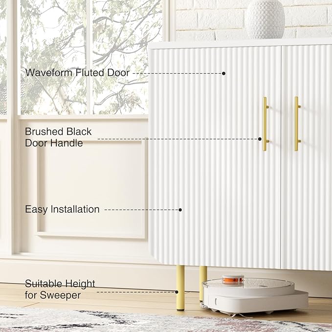 Modern Fluted White Storage Cabinet with 2 Doors, Adjustable Shelves, and Metal Legs, Accent Buffet Sideboard for Living Room, Dining Room, Entryway (White & Gold)