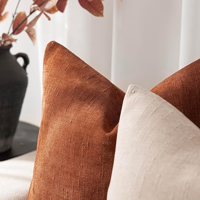 Foindtower Pack of 2 Soft Textured Throw Decorative Pillow Covers Square Accent Solid Cushion Cover Cozy Farmhouse Pillow Case with Zipper for Couch Sofa Bed Living Room 22x22 Inch, Burnt Orange