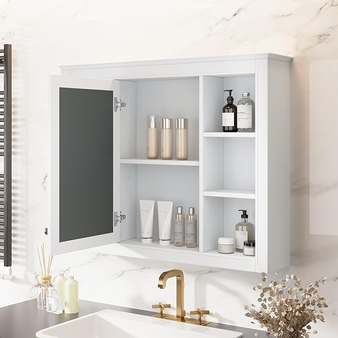 Bathroom Wall Cabinet with Mirror, 35'' x 27.5'' Medicine Cabinet with Mirror Door and Adjustable Shelves, Over Toilet Storage Cabinet, Wall-Mounted Bathroom Mirrors for Over Sink with Storage