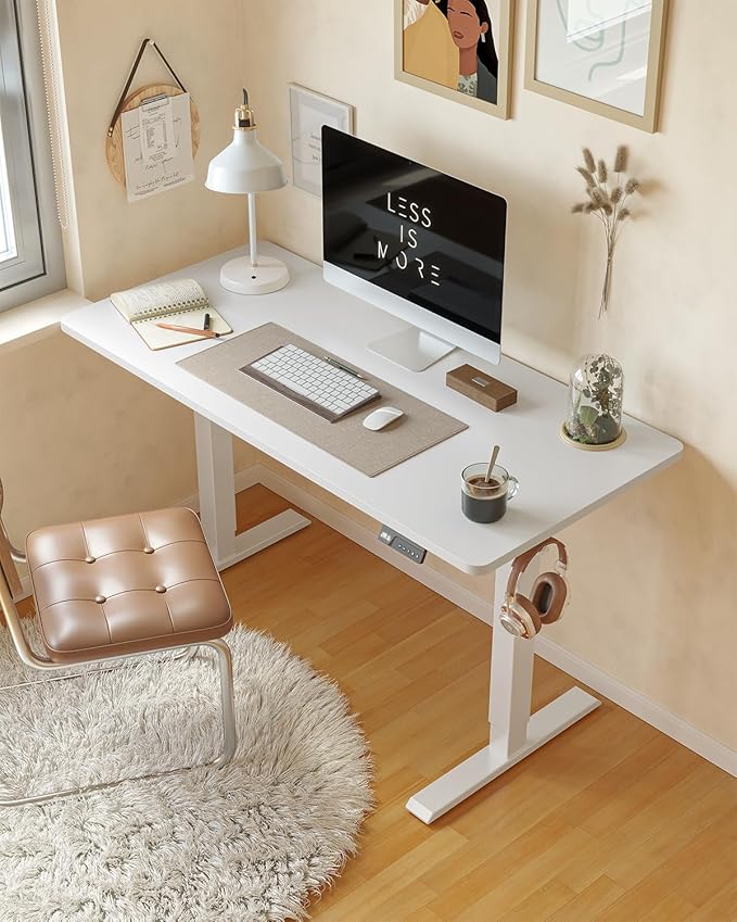 CubiCubi Height Adjustable Electric Standing Desk, 55 x 28 Inches Sit Stand up Desk, Large Memory Computer Home Office Desk with Two-Piece Desktop (White)